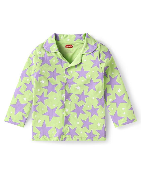 Babyhug Cotton Knit Full Sleeves Front Open Night Suit Star Print - Neon Green