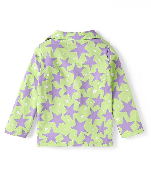 Babyhug Cotton Knit Full Sleeves Front Open Night Suit Star Print - Neon Green