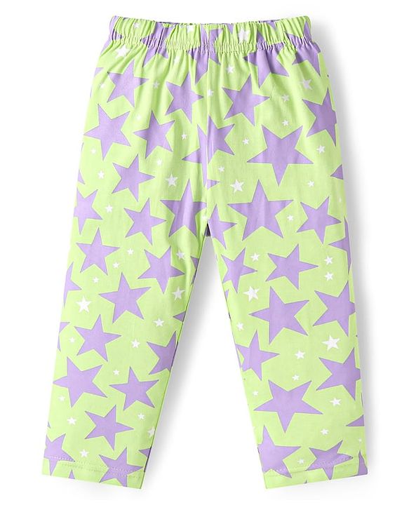 Babyhug Cotton Knit Full Sleeves Front Open Night Suit Star Print - Neon Green