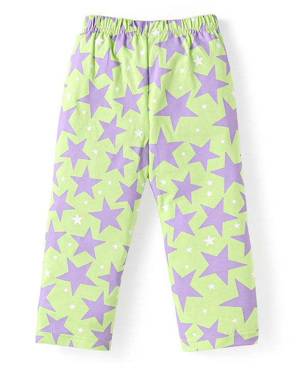 Babyhug Cotton Knit Full Sleeves Front Open Night Suit Star Print - Neon Green