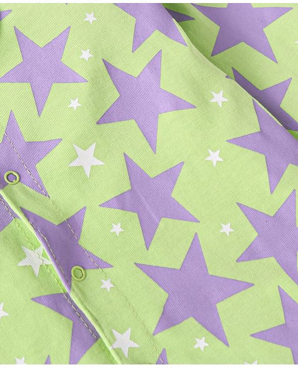 Babyhug Cotton Knit Full Sleeves Front Open Night Suit Star Print - Neon Green