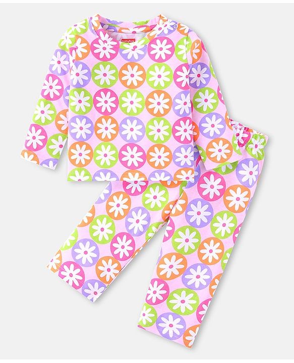 Babyhug Cotton Knit Full Sleeves Night Suit with Floral Print - Pink