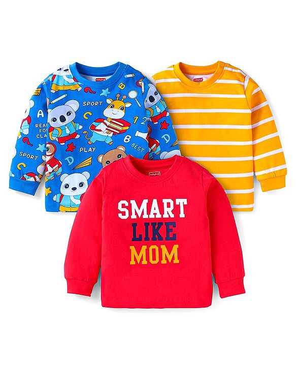 Babyhug Cotton Knit Full Sleeves T-Shirts with Stripes &  Animals  Graphics Pack of 3 - Blue Red & Orange