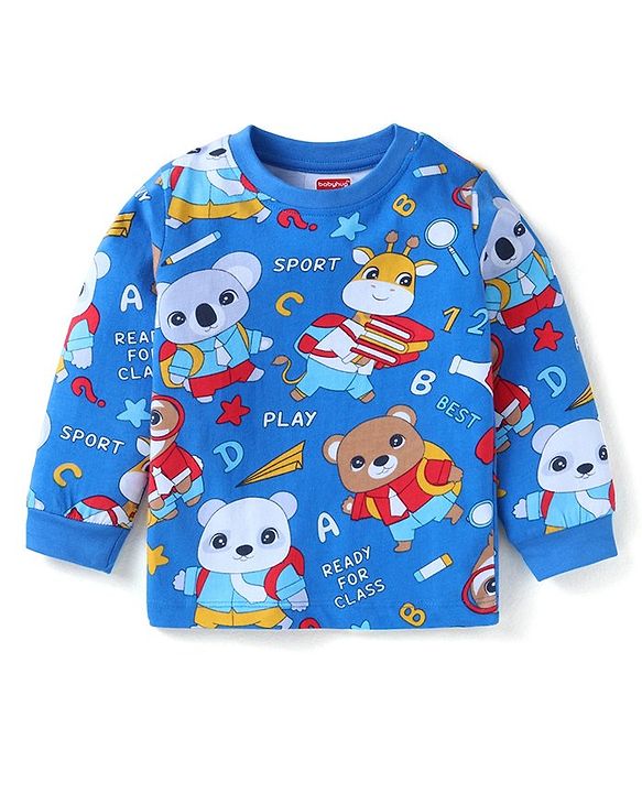Babyhug Cotton Knit Full Sleeves T-Shirts with Stripes &  Animals  Graphics Pack of 3 - Blue Red & Orange