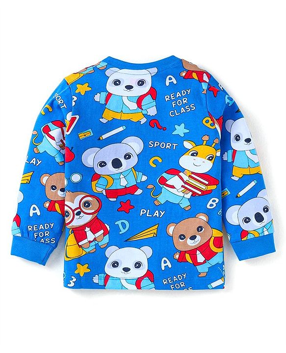 Babyhug Cotton Knit Full Sleeves T-Shirts with Stripes &  Animals  Graphics Pack of 3 - Blue Red & Orange