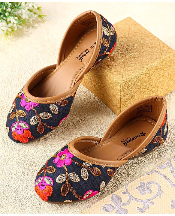 Cute Walk by Babyhug Slip On Mojaris with Floral Detailing - Navy Blue