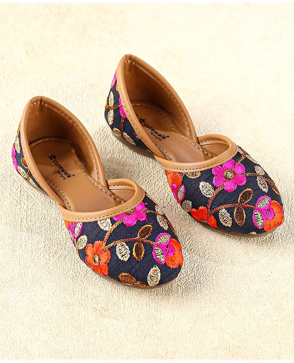 Cute Walk by Babyhug Slip On Mojaris with Floral Detailing - Navy Blue