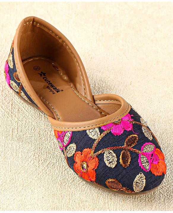 Cute Walk by Babyhug Slip On Mojaris with Floral Detailing - Navy Blue