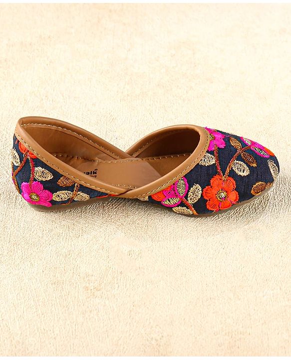 Cute Walk by Babyhug Slip On Mojaris with Floral Detailing - Navy Blue