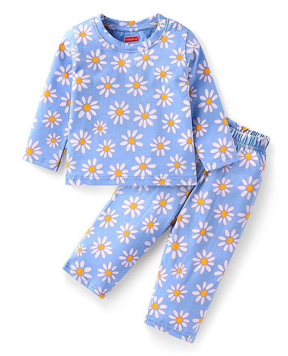 Babyhug Cotton Knit Full Sleeves Night Suit With Floral Print - Light Blue