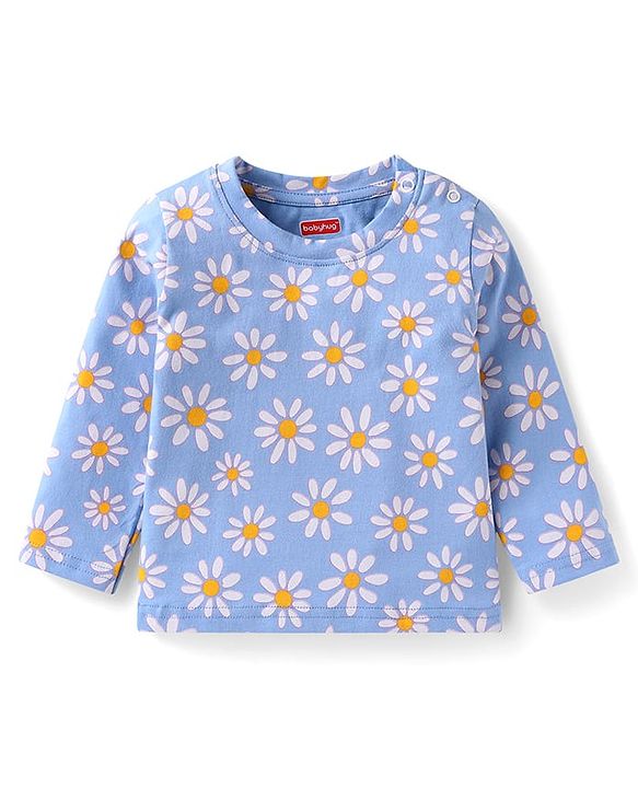 Babyhug Cotton Knit Full Sleeves Night Suit With Floral Print - Light Blue