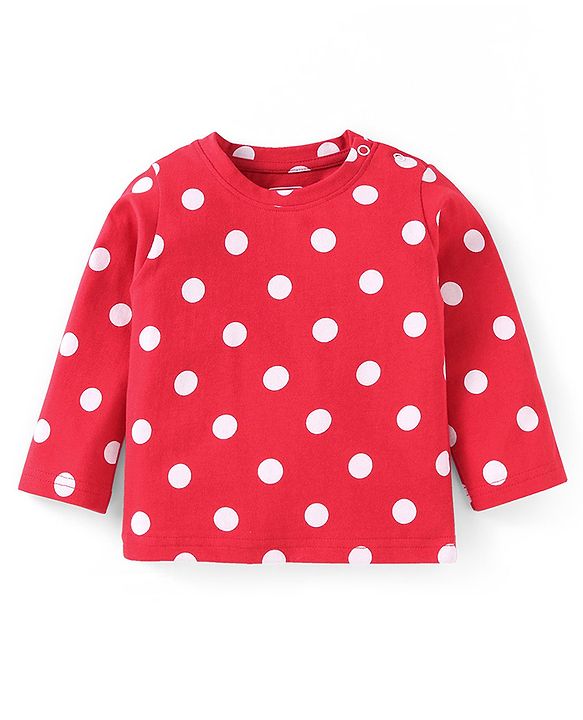 Babyhug Cotton Knit Full Sleeves Night Suit With Polka Dots Print - Red