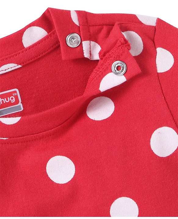Babyhug Cotton Knit Full Sleeves Night Suit With Polka Dots Print - Red