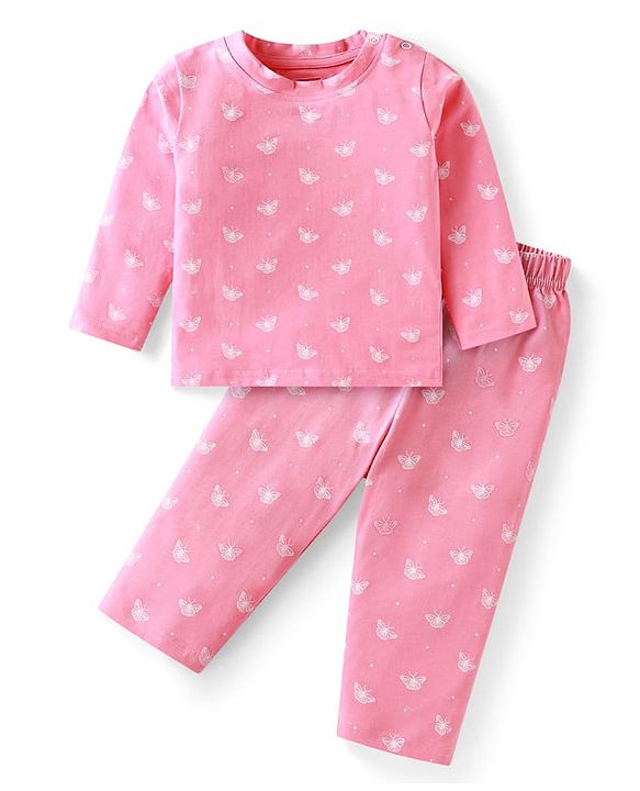 Babyhug Cotton Knit Full Sleeves Night Suit Set with Butterfly Print - Pink