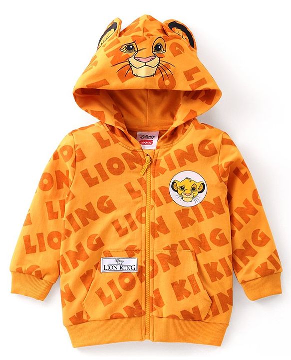 Babyhug Disney Terry Knit Full Sleeves Front Open Hooded Sweatjacket with Lion King Graphics & Ears Applique - Orange