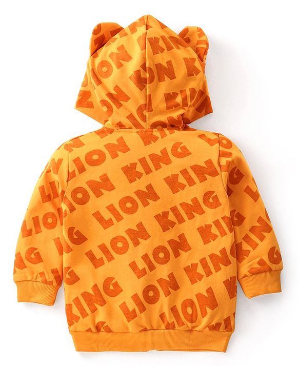 Babyhug Disney Terry Knit Full Sleeves Front Open Hooded Sweatjacket with Lion King Graphics & Ears Applique - Orange