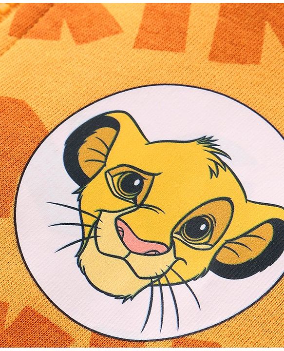 Babyhug Disney Terry Knit Full Sleeves Front Open Hooded Sweatjacket with Lion King Graphics & Ears Applique - Orange