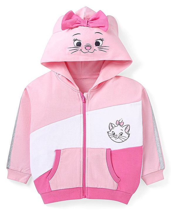 Babyhug Disney Terry Knit Full Sleeves Hooded Sweatjacket With Marie Front & Back Graphics & Applique Detailing With Kangaroo Pockets - Pink