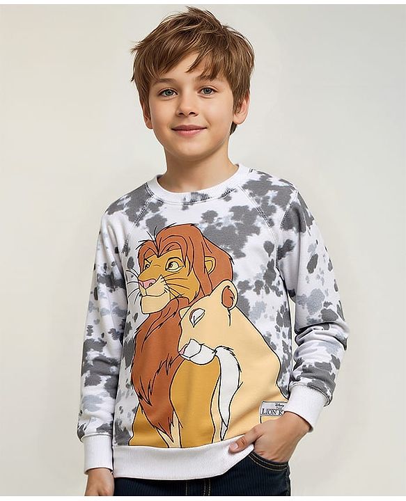 Pine Kids Disney Terry Knitted Full Raglan Sleeves Tie & Dye Oversized Sweatshirt With Lion King Print - White