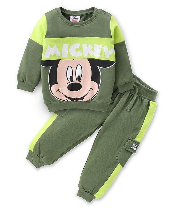 Babyhug Disney Cotton Knit Full Sleeves Sweatshirt & Lounge Pants Set With Front & Back Mickey Mouse Graphics - Green