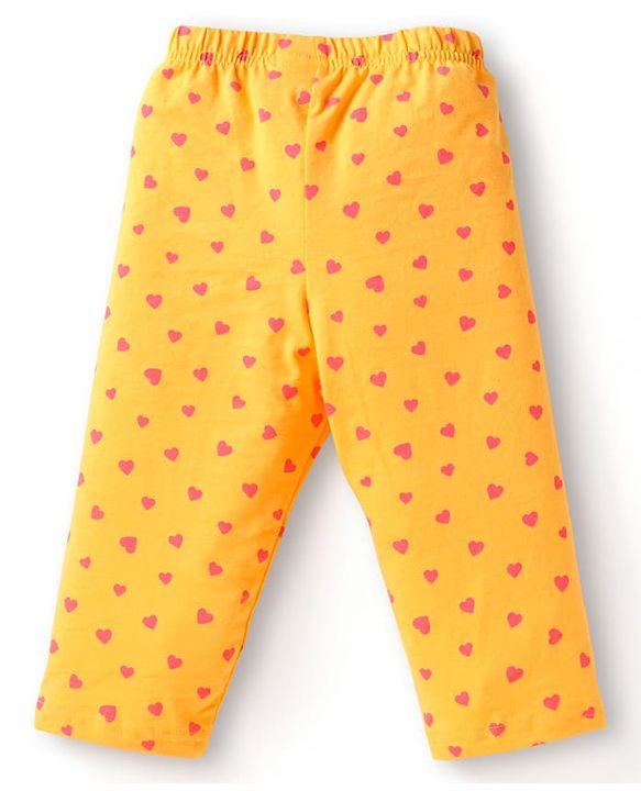 Babyhug Cotton Knit Full Sleeves Night Suit with Hearts Print - Yellow