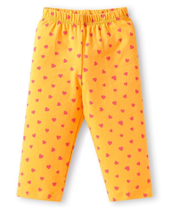 Babyhug Cotton Knit Full Sleeves Night Suit with Hearts Print - Yellow