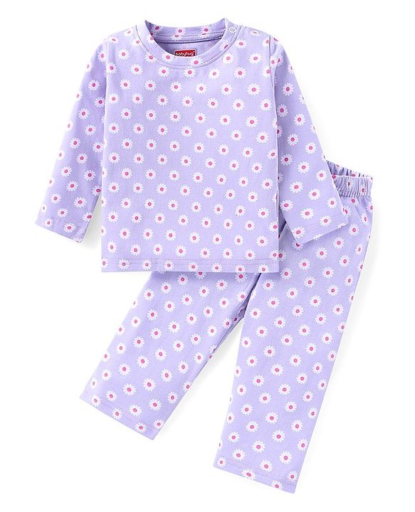 Babyhug Cotton Knit Full Sleeves Floral Printed Night Suit - Purple