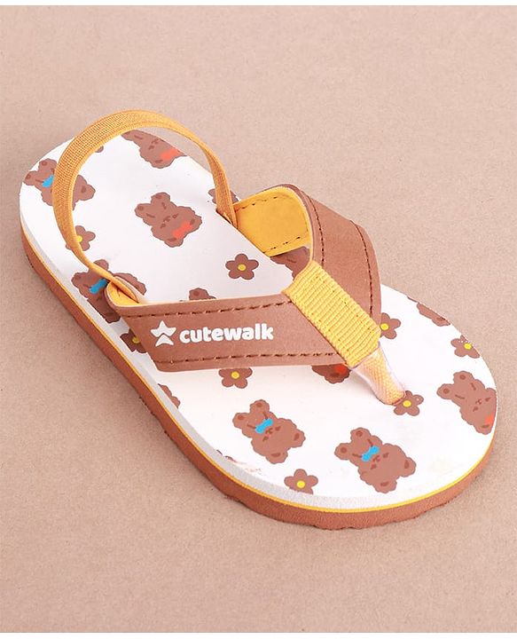 Cute Walk by Babyhug Slip on Flip Flops with Back Strap & Teddy Bear Print - Light Brown & White