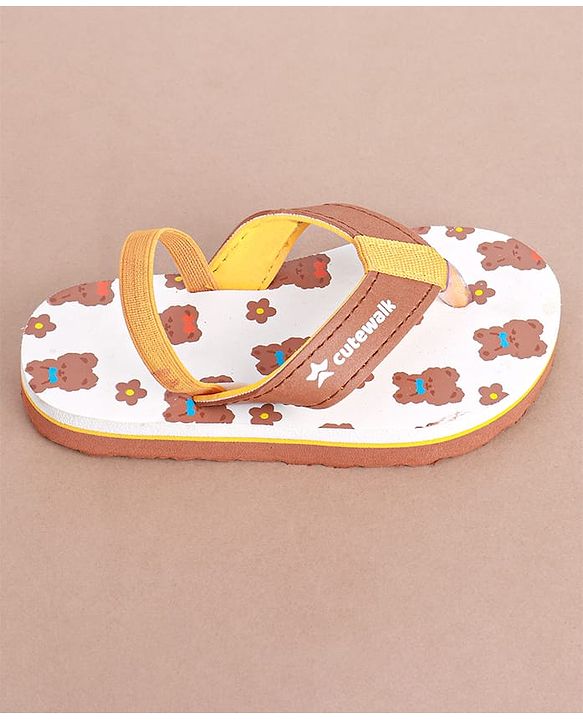 Cute Walk by Babyhug Slip on Flip Flops with Back Strap & Teddy Bear Print - Light Brown & White