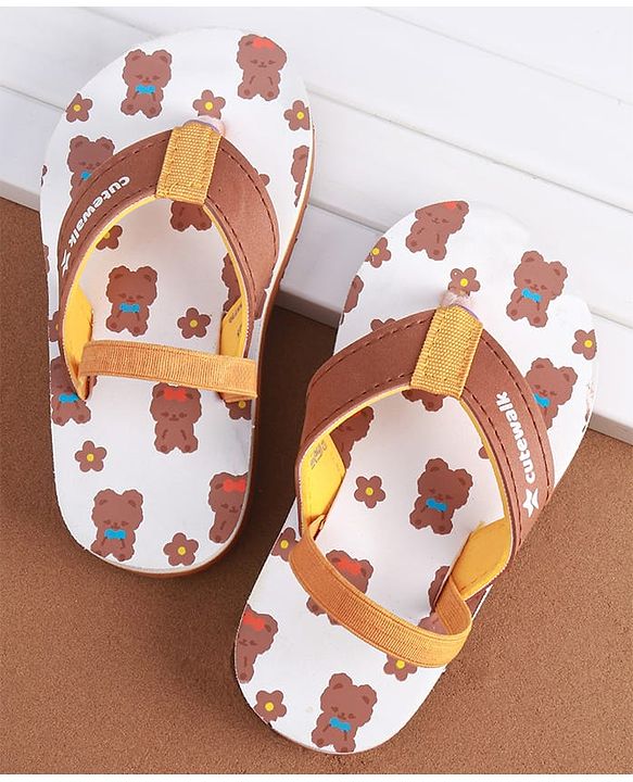 Cute Walk by Babyhug Slip on Flip Flops with Back Strap & Teddy Bear Print - Light Brown & White