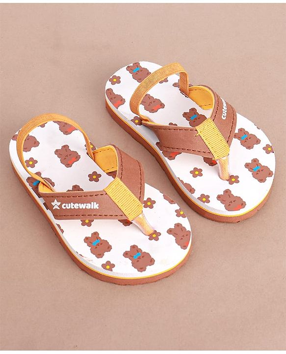 Cute Walk by Babyhug Slip on Flip Flops with Back Strap & Teddy Bear Print - Light Brown & White