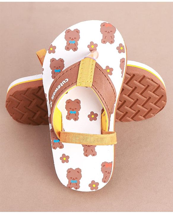 Cute Walk by Babyhug Slip on Flip Flops with Back Strap & Teddy Bear Print - Light Brown & White