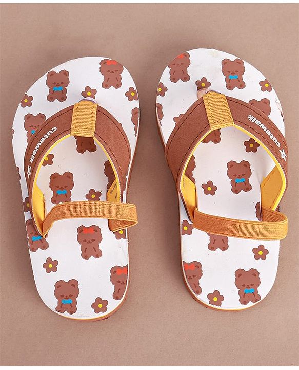 Cute Walk by Babyhug Slip on Flip Flops with Back Strap & Teddy Bear Print - Light Brown & White