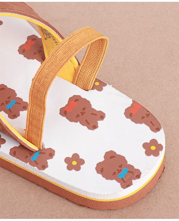 Cute Walk by Babyhug Slip on Flip Flops with Back Strap & Teddy Bear Print - Light Brown & White
