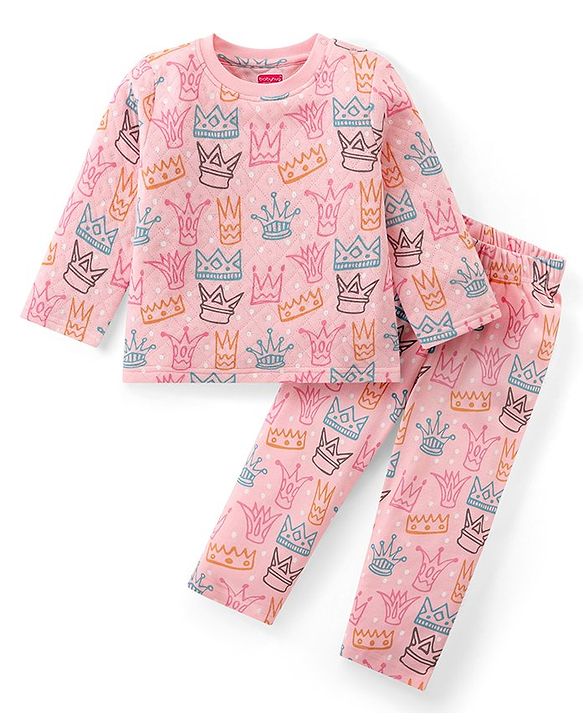 Babyhug Knit Full Sleeves Winter Night Suit Crown Print - Pink