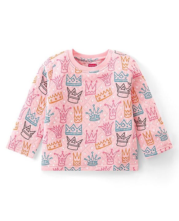 Babyhug Knit Full Sleeves Winter Night Suit Crown Print - Pink