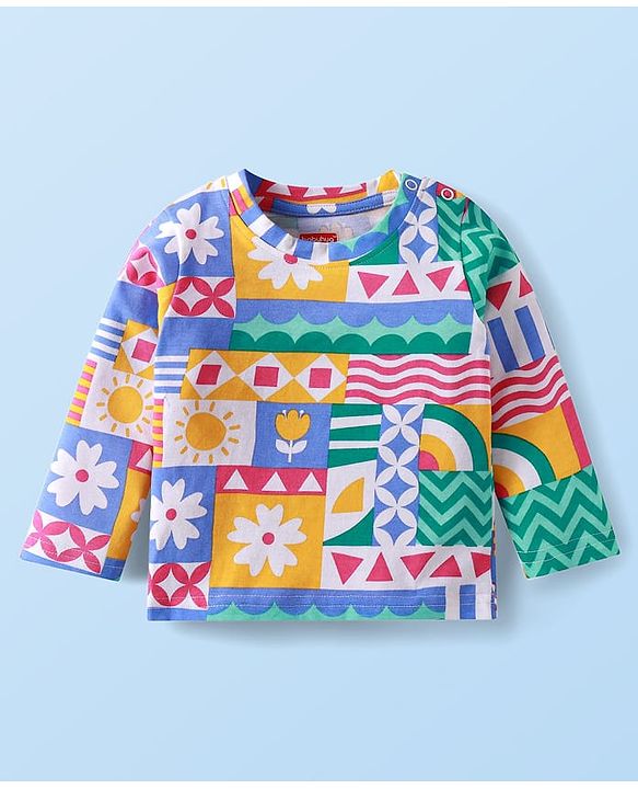 Babyhug Cotton Woven Full Sleeves Floral Printed Night Suit - Grey Blue & Yellow