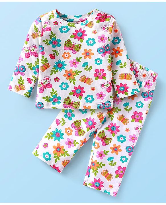 Babyhug Cotton Knit Full Sleeves Night Suit With Floral Print - White