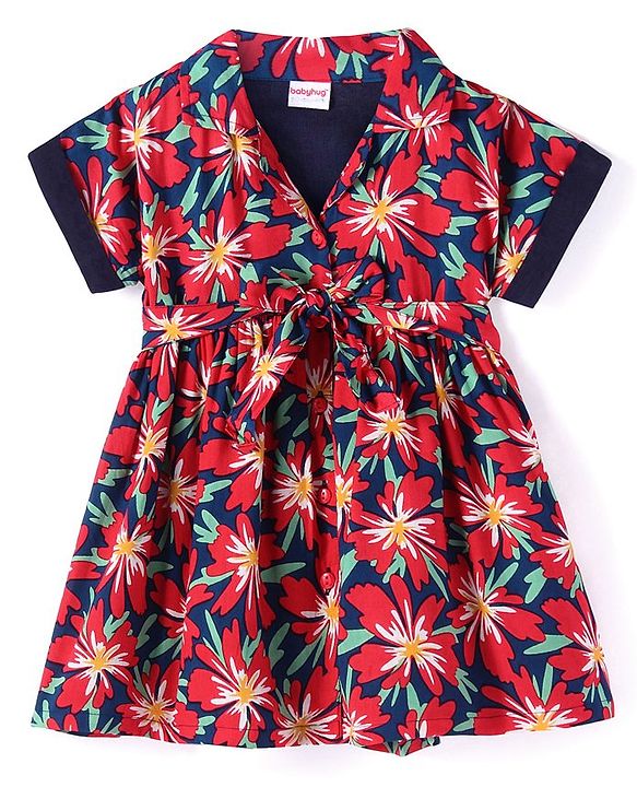 Babyhug Cotton Woven Half Sleeves Floral Printed Frock with Bow Detailing - Navy Blue & Red