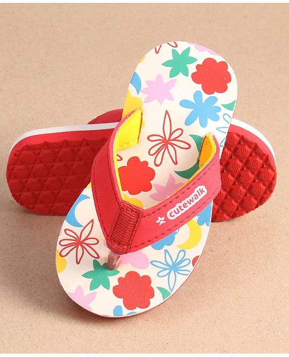 Cute Walk by Babyhug Slip On Flip Flops with Floral Print - Red