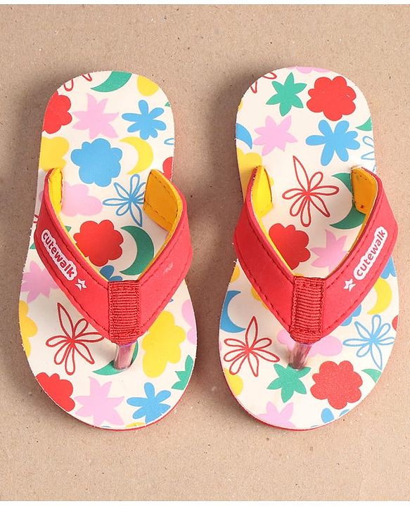 Cute Walk by Babyhug Slip On Flip Flops with Floral Print - Red