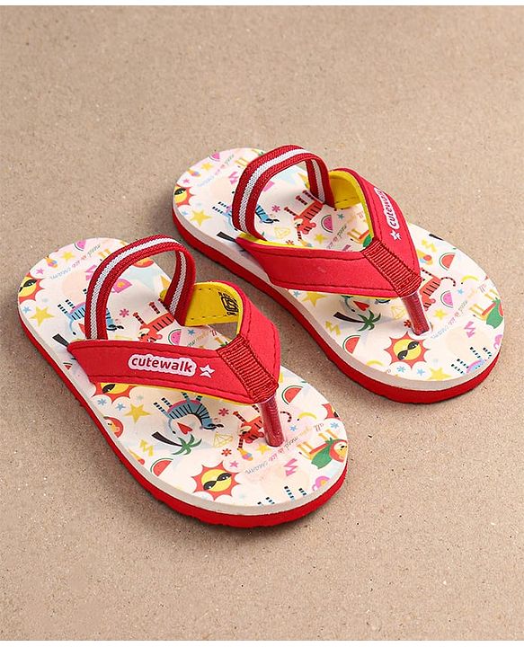 Cute Walk by Babyhug Flip Flops with Backstrap Closure & Animal Print - Red
