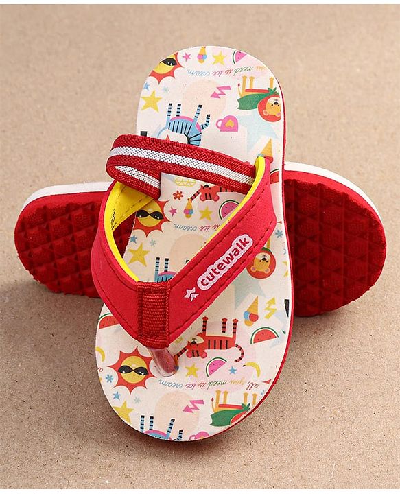 Cute Walk by Babyhug Flip Flops with Backstrap Closure & Animal Print - Red