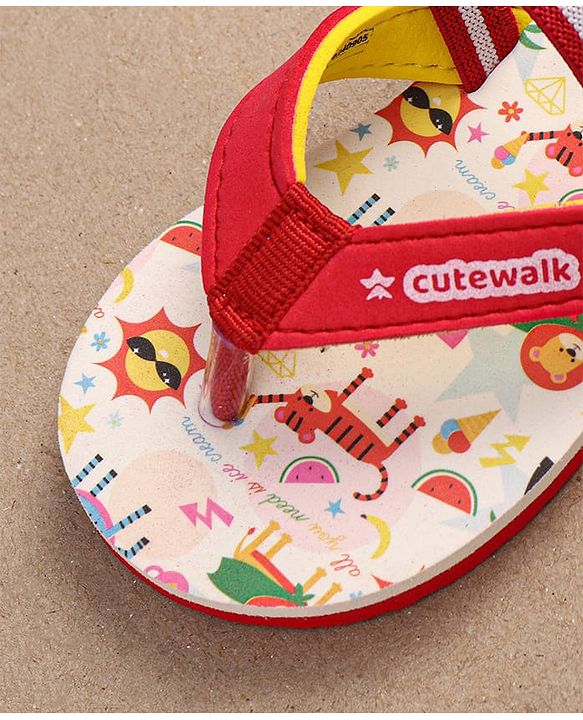 Cute Walk by Babyhug Flip Flops with Backstrap Closure & Animal Print - Red