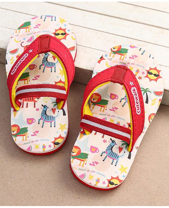 Cute Walk by Babyhug Flip Flops with Backstrap Closure & Animal Print - Red