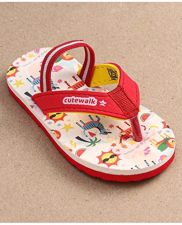 Cute Walk by Babyhug Flip Flops with Backstrap Closure & Animal Print - Red