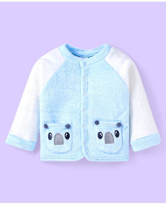 Babyhug Velour Knit Full Raglan Sleeves Winter Wear Night Suit with Pockets & Koala Patch - Light Blue