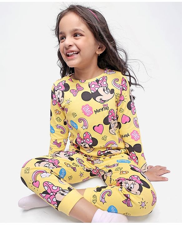 Babyhug Disney Single Jersey Knit Full Sleeves Minnie Mouse Printed Night Suit - Yellow