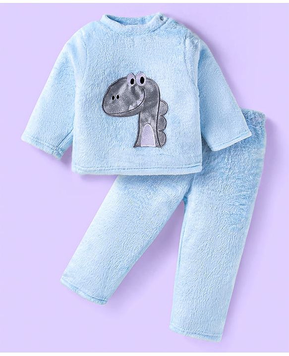 Babyhug Velour Knit Full Sleeves Winter Night Suit With Dino Print - Light Blue