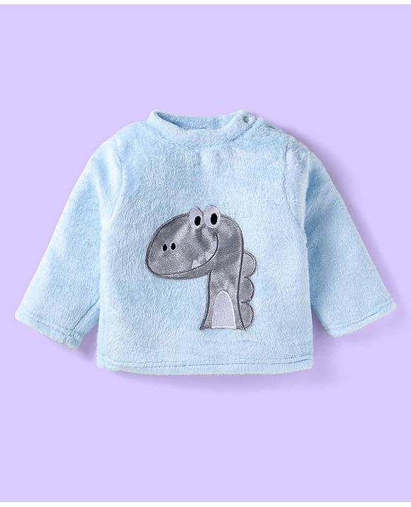 Babyhug Velour Knit Full Sleeves Winter Night Suit With Dino Print - Light Blue